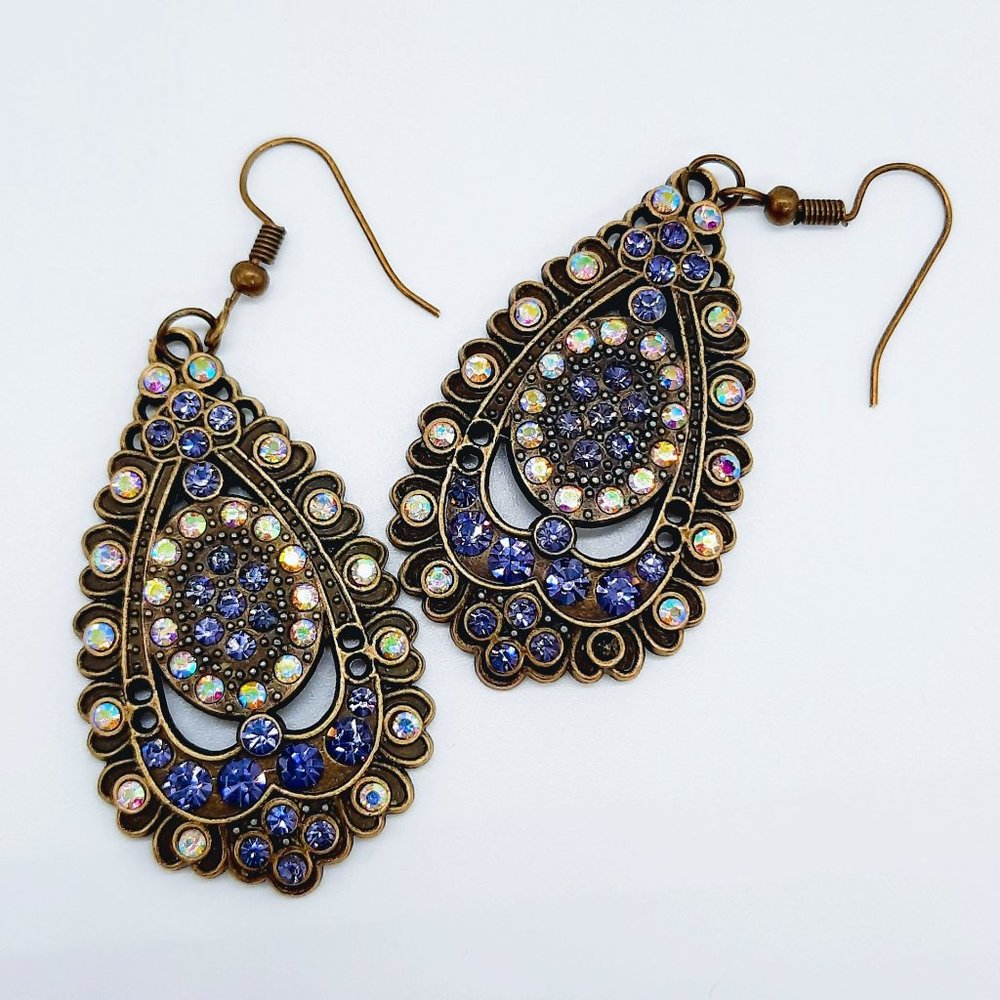 Handcrafted Antique Bronze Aurora Borealis & Purple Rhinestone Teardrop Earrings